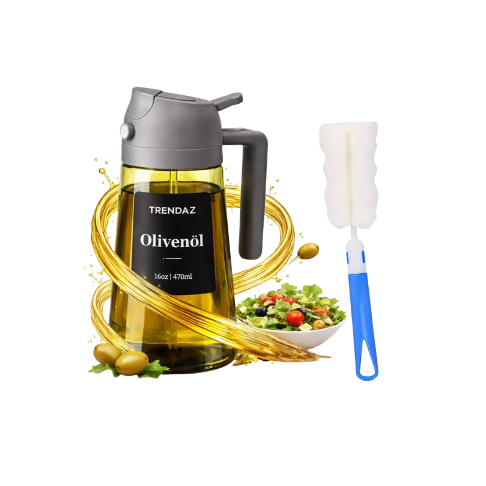 Glass Oil Sprayer & Oil Dispenser 2 in 1 - 470ml - Set Includes Cleaning Brush (Grey)