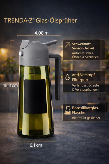 Glass Oil Sprayer & Oil Dispenser 2 in 1 - 470ml - Set Includes Cleaning Brush (Grey)