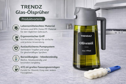 Glass Oil Sprayer & Oil Dispenser 2 in 1 - 470ml - Set Includes Cleaning Brush (Grey)