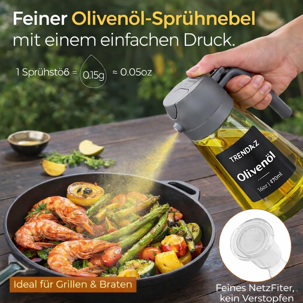 Glass Oil Sprayer & Oil Dispenser 2 in 1 - 470ml - Set Includes Cleaning Brush (Grey)
